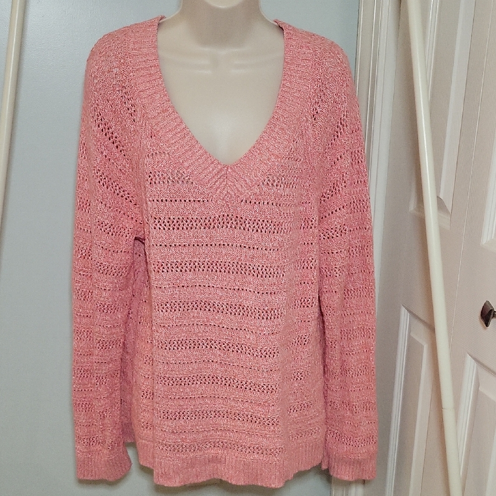 Talbots Pink Cotton V-Neck Open Knit Tunic Length Sweater Size XL